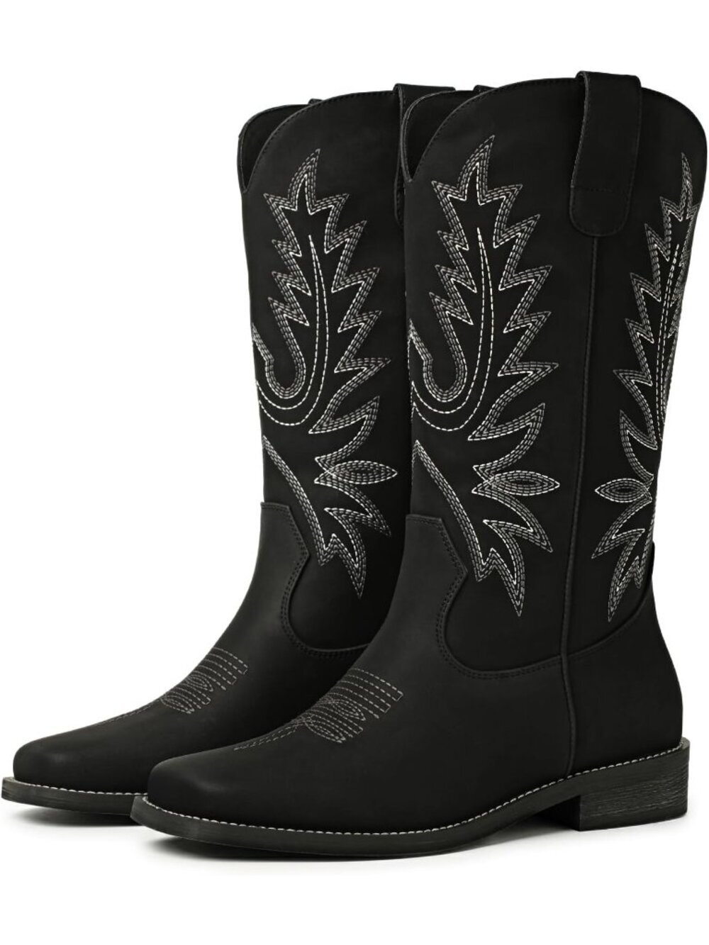 Women Black Mid Calf Square Toe Cowgirl Vintage Embroidery Low Chunky Heel Boot